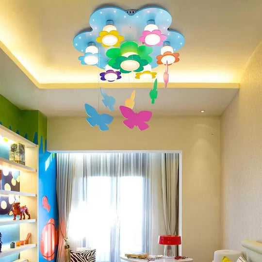 Blue Blossom Ceiling Mount Light With Hanging Butterfly: 7 - Head Wood Lamp For Child Bedroom