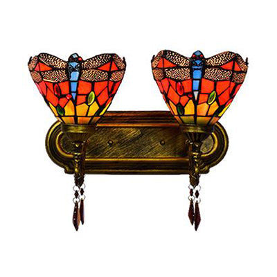 Dragonfly Stained Glass Wall Lamp - Lodge Style 2-Light Brass Sconce