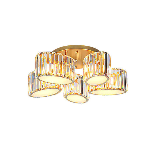 Gold Carved Crystal Semi - Flush Ceiling Lamp With Oval/Teardrop Design And 5 Lights