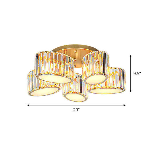 Gold Carved Crystal Semi - Flush Ceiling Lamp With Oval/Teardrop Design And 5 Lights