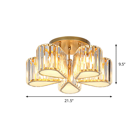 Gold Carved Crystal Semi - Flush Ceiling Lamp With Oval/Teardrop Design And 5 Lights
