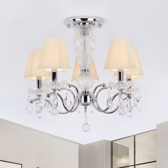 Modern Cone Semi Flush Crystal Ceiling Light Fixture With Swirled Arm - 5 - Head Nickle Design