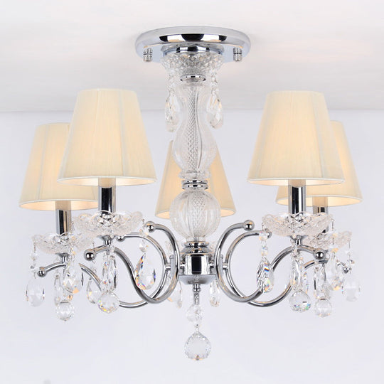 Modern Cone Semi Flush Crystal Ceiling Light Fixture With Swirled Arm - 5 - Head Nickle Design