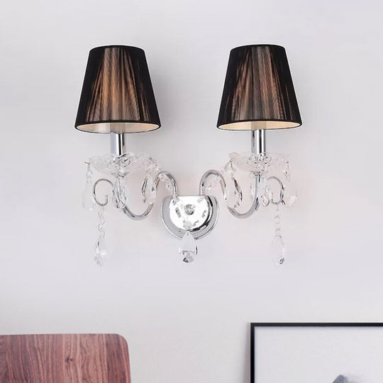 Contemporary Crystal Wall Sconce With Gathered Fabric Shade - 2 Bulb Light Fixture For Living Room