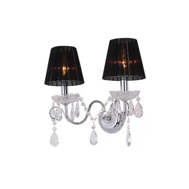 Contemporary Crystal Wall Sconce With Gathered Fabric Shade - 2 Bulb Light Fixture For Living Room
