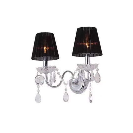 Contemporary Crystal Wall Sconce With Gathered Fabric Shade - 2 Bulb Light Fixture For Living Room