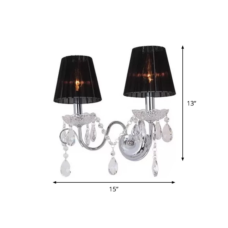 Contemporary Crystal Wall Sconce With Gathered Fabric Shade - 2 Bulb Light Fixture For Living Room
