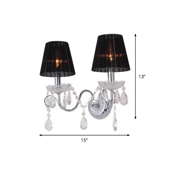 Contemporary Crystal Wall Sconce With Gathered Fabric Shade - 2 Bulb Light Fixture For Living Room
