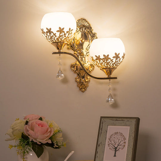 Modern Gold Wall Mounted Sconce Light Fixture With Crystal Shade - 2 Heads Bowl Design