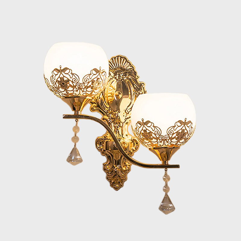Modern Dome Wall Sconce With Swirled Arm - Crystal Accent Lighting Gold Finish 2 Lights
