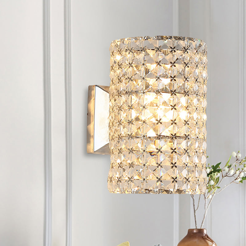 Minimalist Cylindrical Sconce Light Fixture With Clear Crystal Shade - Elegant Wall Lighting Idea