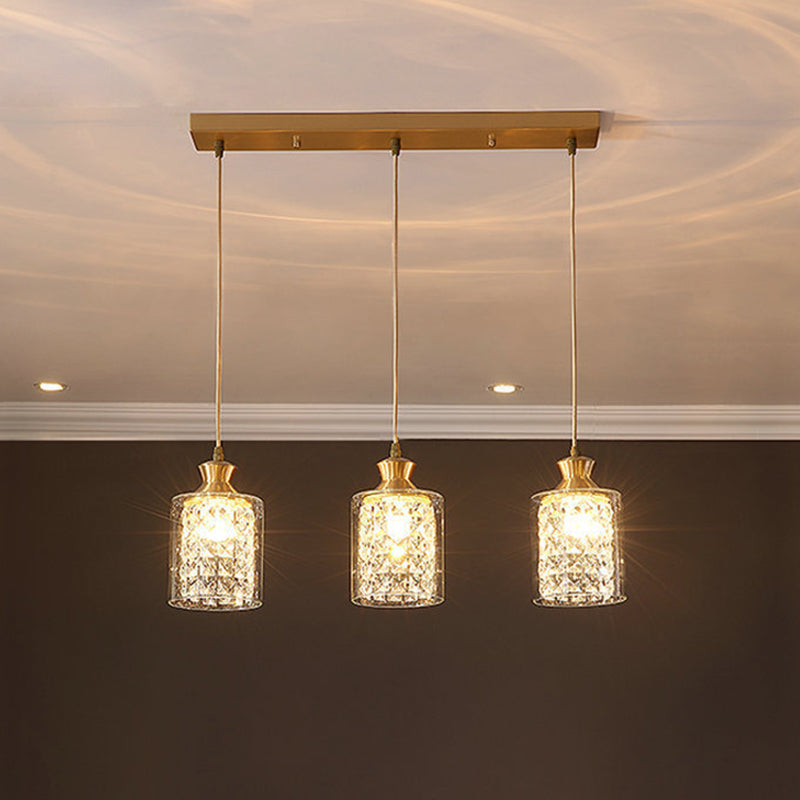 Gold Faceted Crystal Cylinder Pendant With Clear Glass Shades - Modernist Multi-Light Hanging Lamp