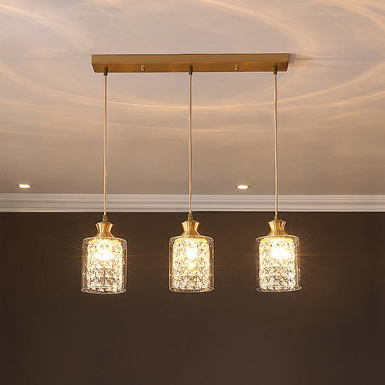 Gold Faceted Crystal Cylinder Pendant With Clear Glass Shades - Modernist Multi-Light Hanging Lamp