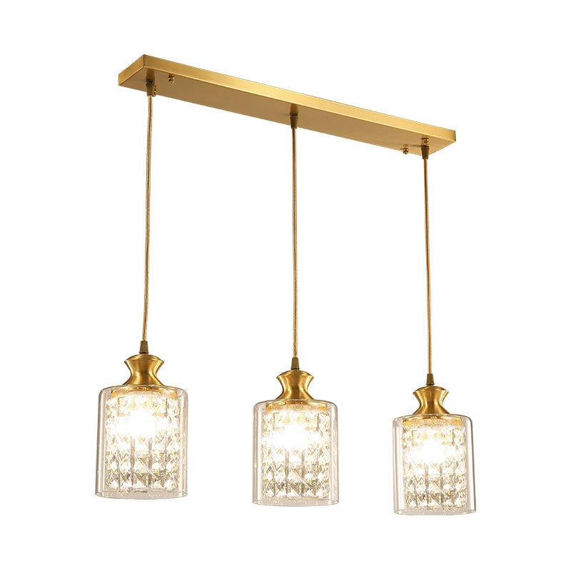 Gold Faceted Crystal Cylinder Pendant With Clear Glass Shades - Modernist Multi-Light Hanging Lamp