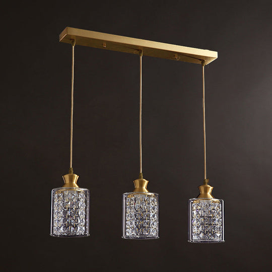 Gold Faceted Crystal Cylinder Pendant With Clear Glass Shades - Modernist Multi-Light Hanging Lamp