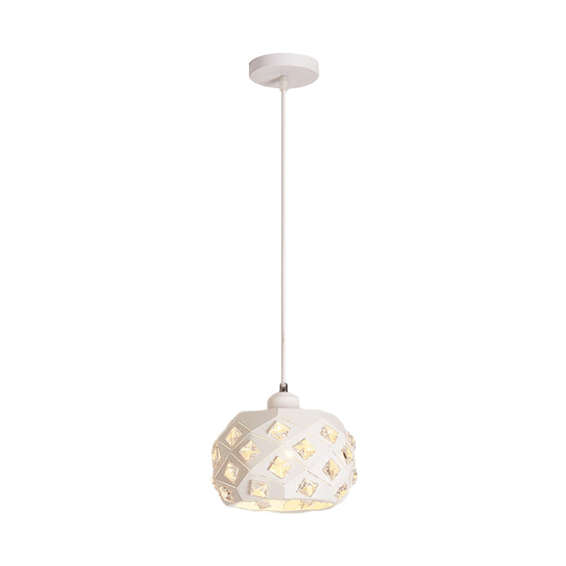 Minimalist Crystal Hanging Lamp - Single Pendulum Light With White Finish & Drum Iron Shade