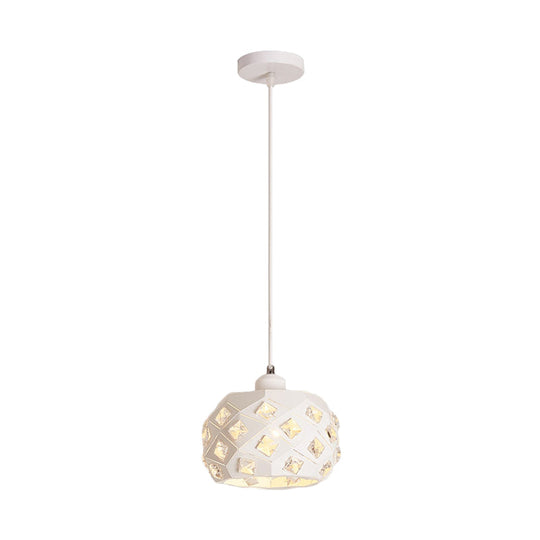 Minimal White Crystal Pendulum Hanging Lamp: Single Dining Room Light With Drum Iron Shade