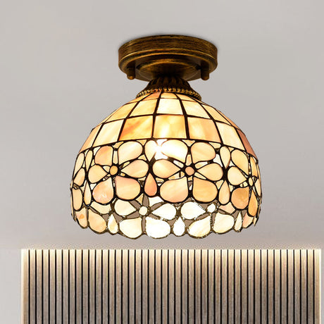 Tiffany Beige/Pink/Orange Shell Mini Flush Light Fixture - Natural Decorative Ceiling Lamp Beige