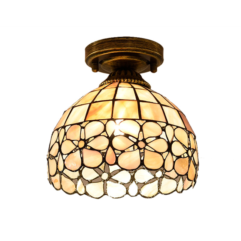 Tiffany Beige/Pink/Orange Shell Mini Flush Light Fixture - Natural Decorative Ceiling Lamp