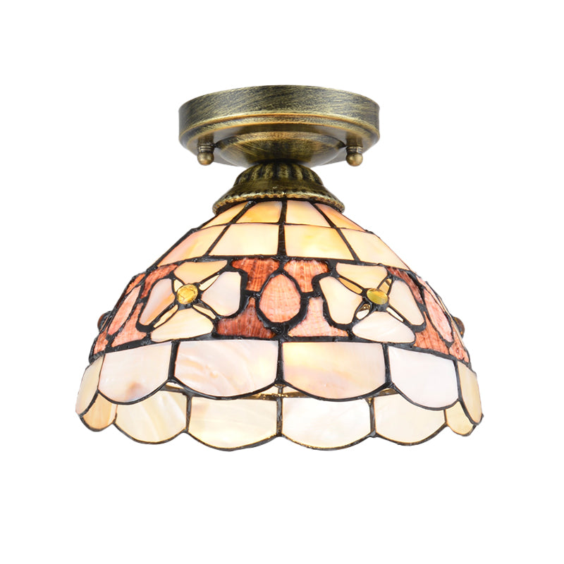 Tiffany Beige/Pink/Orange Shell Mini Flush Light Fixture - Natural Decorative Ceiling Lamp