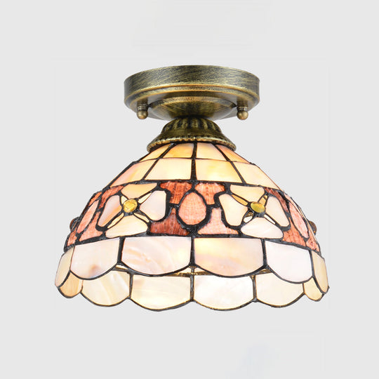 Tiffany Beige/Pink/Orange Shell Mini Flush Light Fixture - Natural Decorative Ceiling Lamp