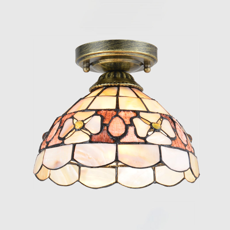 Tiffany Beige/Pink/Orange Shell Mini Flush Light Fixture - Natural Decorative Ceiling Lamp