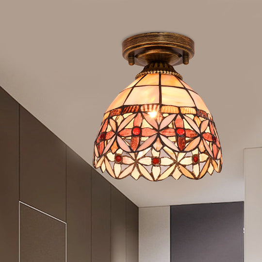 Tiffany Floral Bell Ceiling Light Fixture In Beige/Red-White/Pink For Living Room Beige