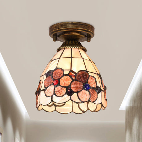 Tiffany Floral Bell Ceiling Light Fixture In Beige/Red-White/Pink For Living Room Pink