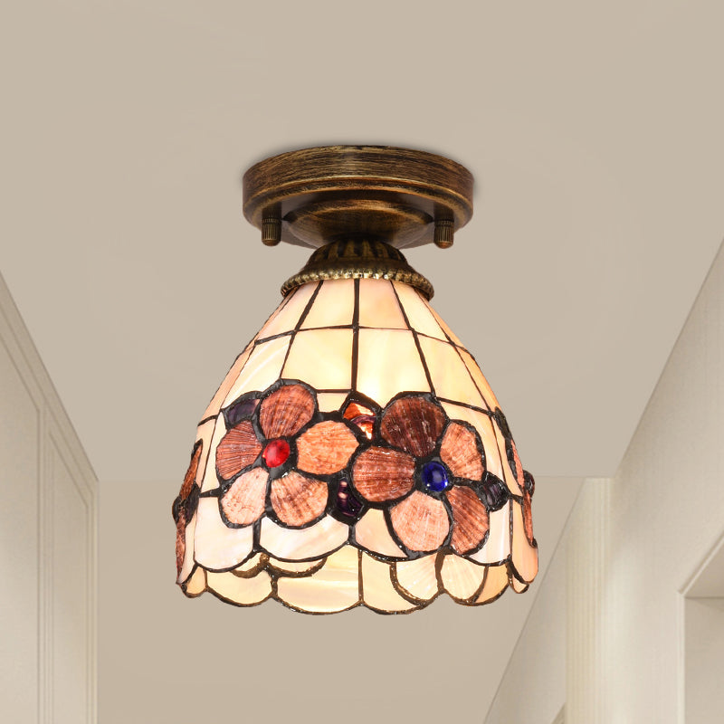 Tiffany Floral Bell Ceiling Light Fixture In Beige/Red - White/Pink For Living Room