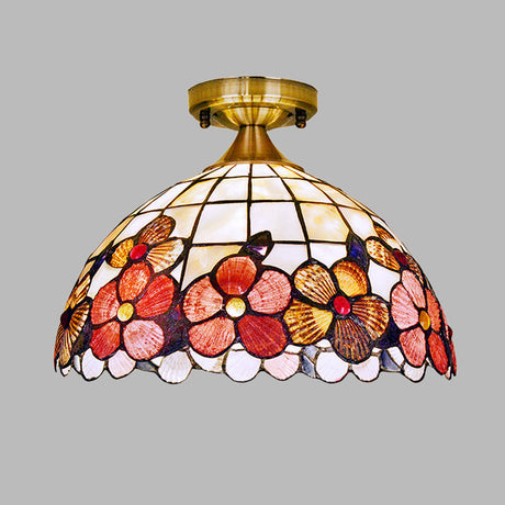 Brass Flushmount Tiffany Flower-Edge Shell Ceiling Light - 1-Light Bowl Fixture