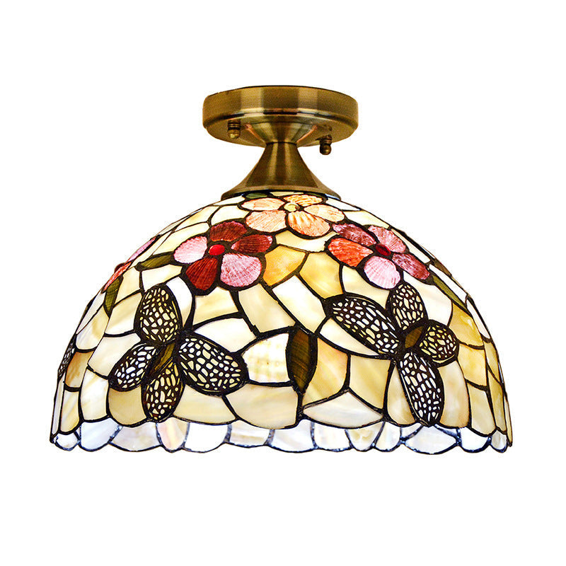 Tiffany Brass Flush Mount Kitchen Ceiling Light With Flower - Butterfly Shell Shade