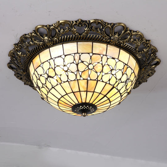 Baroque Shell Dome Brass Ceiling Lamp With Embossed Flower Trim - 3 - Light Flush Mount Fixture