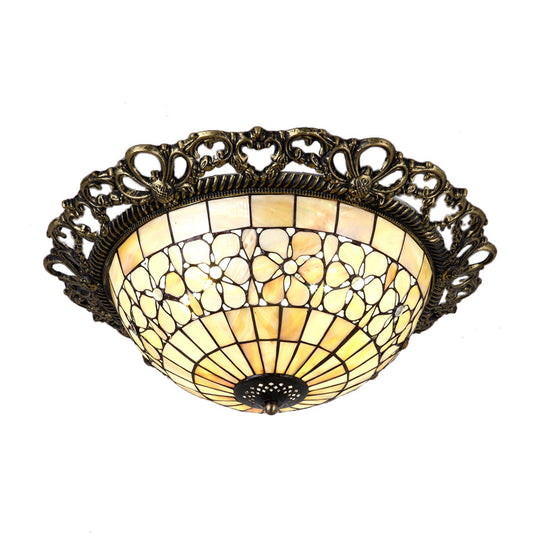 Baroque Shell Dome Brass Ceiling Lamp With Embossed Flower Trim - 3-Light Flush Mount Fixture