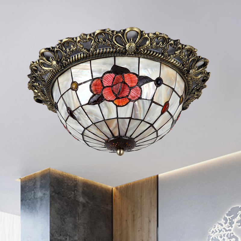 Natural Shell Baroque Flush Mount Ceiling Light With Gridded Hemispherical Design And Brass Finish -