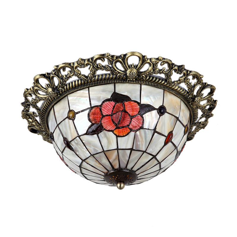 Natural Shell Baroque Flush Mount Ceiling Light With Gridded Hemispherical Design And Brass Finish -