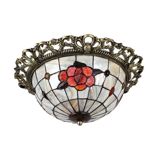Natural Shell Baroque Flush Mount Ceiling Light With Gridded Hemispherical Design And Brass Finish -