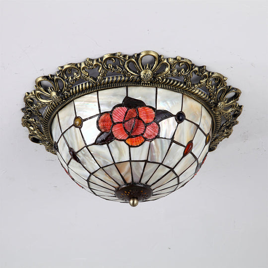 Natural Shell Baroque Flush Mount Ceiling Light With Gridded Hemispherical Design And Brass Finish -