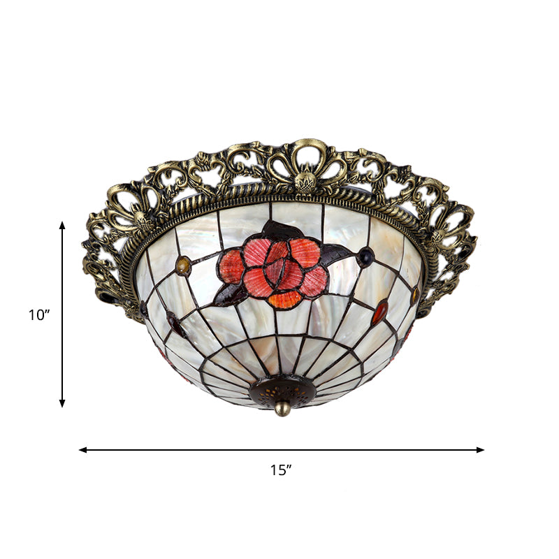 Natural Shell Baroque Flush Mount Ceiling Light With Gridded Hemispherical Design And Brass Finish -