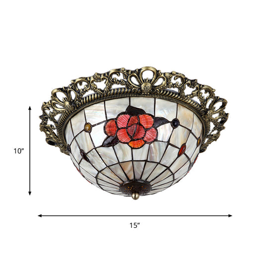 Natural Shell Baroque Flush Mount Ceiling Light With Gridded Hemispherical Design And Brass Finish -