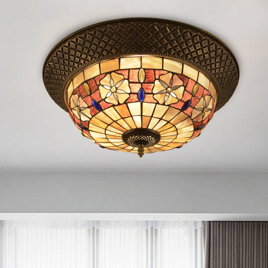 Bronze Cap Flush Mount Light With Tiffany Led Shell And Trellis Pattern / C