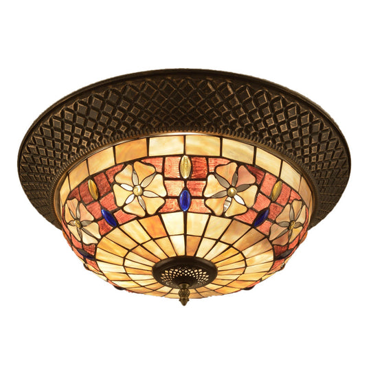 Bronze Cap Flush Mount Light With Tiffany Led Shell And Trellis Pattern