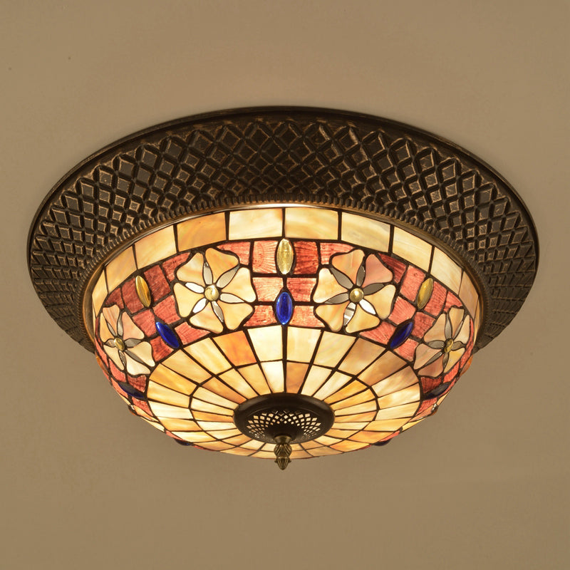 Bronze Cap Flush Mount Light With Tiffany Led Shell And Trellis Pattern