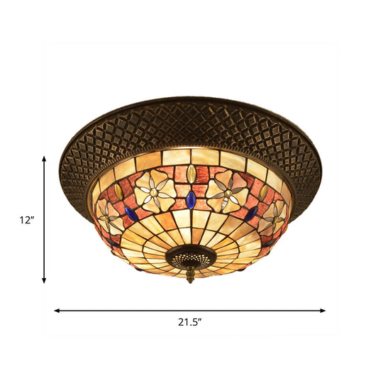 Bronze Cap Flush Mount Light With Tiffany Led Shell And Trellis Pattern