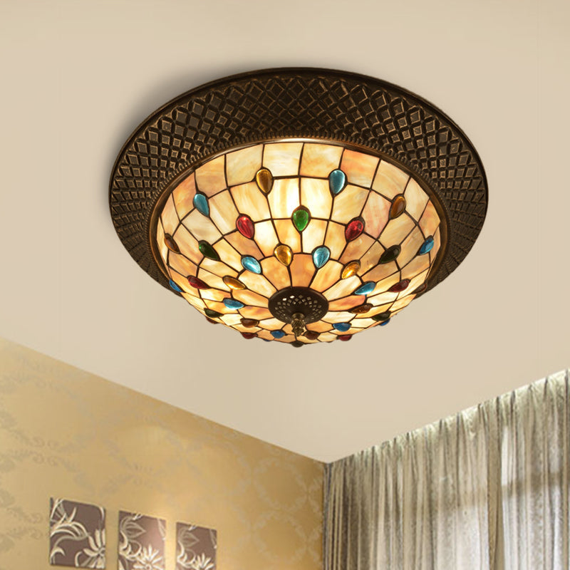 Bronze Cap Flush Mount Light With Tiffany Led Shell And Trellis Pattern