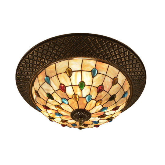 Bronze Cap Flush Mount Light With Tiffany Led Shell And Trellis Pattern