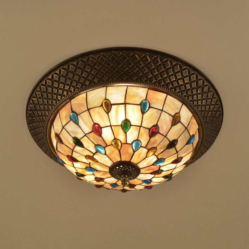Bronze Cap Flush Mount Light With Tiffany Led Shell And Trellis Pattern