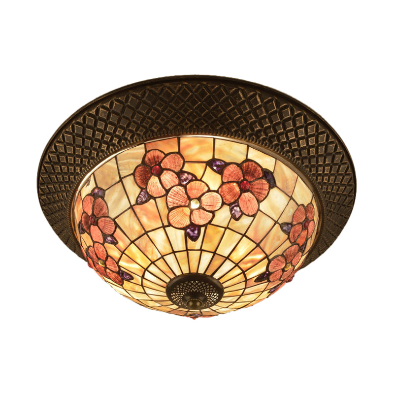 Bronze Cap Flush Mount Light With Tiffany Led Shell And Trellis Pattern