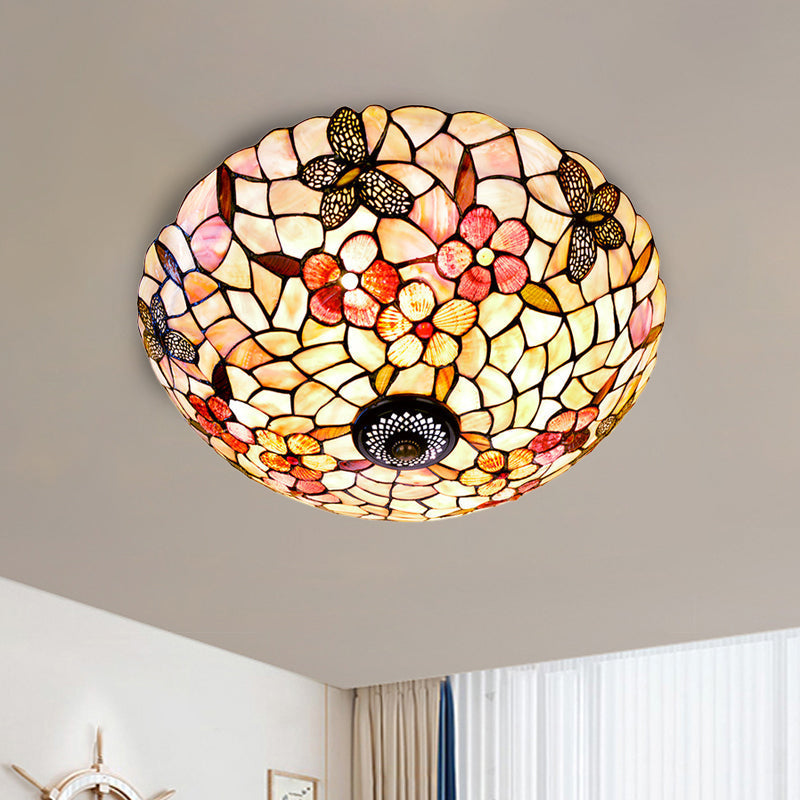 Shell Beige Tiffany Flushmount Ceiling Fixture With Butterfly - Flower Pattern 3/4 Lights