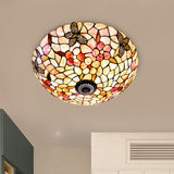 Shell Beige Tiffany Flushmount Ceiling Fixture With Butterfly - Flower Pattern 3/4 Lights 16’/20.5’W
