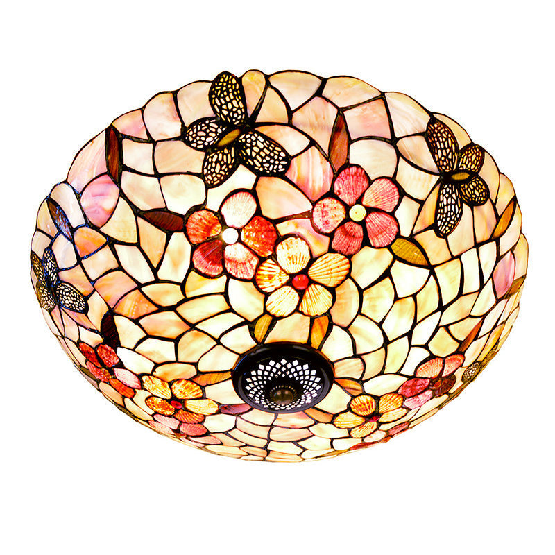 Shell Beige Tiffany Flushmount Ceiling Fixture With Butterfly-Flower Pattern 3/4 Lights 16/20.5W